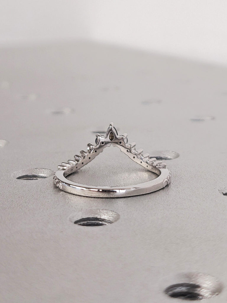 14K White Gold Crown Pear Salt and Pepper Diamond Matching Ring, Filigree Hand Engraved Band, Women's Stacking Ring