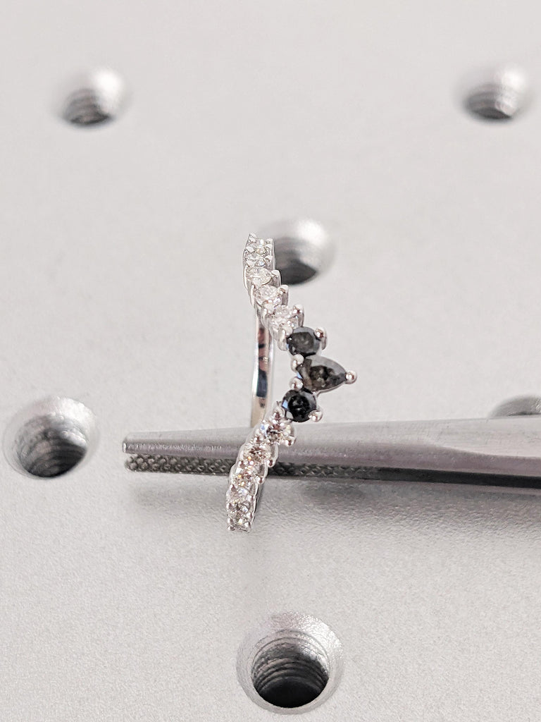 14K White Gold Crown Pear Salt and Pepper Diamond Matching Ring, Filigree Hand Engraved Band, Women's Stacking Ring