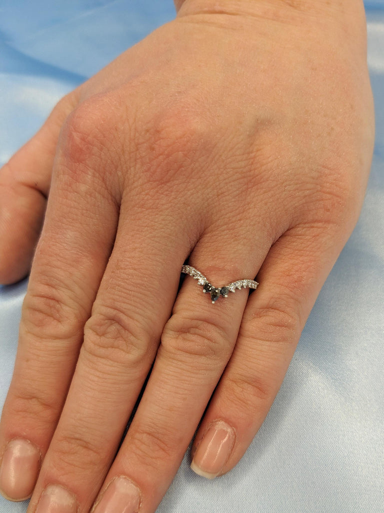 14K White Gold Crown Pear Salt and Pepper Diamond Matching Ring, Filigree Hand Engraved Band, Women's Stacking Ring