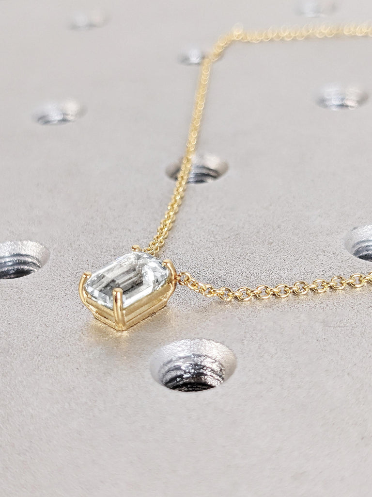Classic Solitaire Moissanite Necklace, 18K Yellow Gold Emerald Cut Moissanite Pendant, Dainty Gold Chain Necklace, Christmas Gift for Her