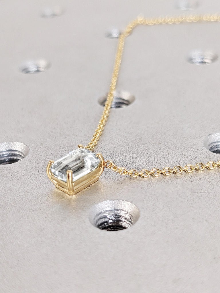 Solid Gold Emerald Cut Moissanite Bridal Necklace, Dainty 18K/14K Yellow Gold Chain, Women's Everyday Pendant