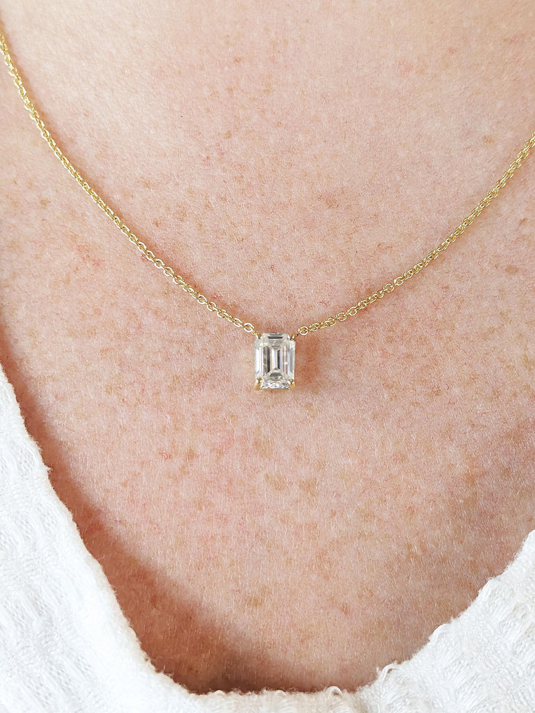 Solid Gold Emerald Cut Moissanite Bridal Necklace, Dainty 18K/14K Yellow Gold Chain, Women's Everyday Pendant