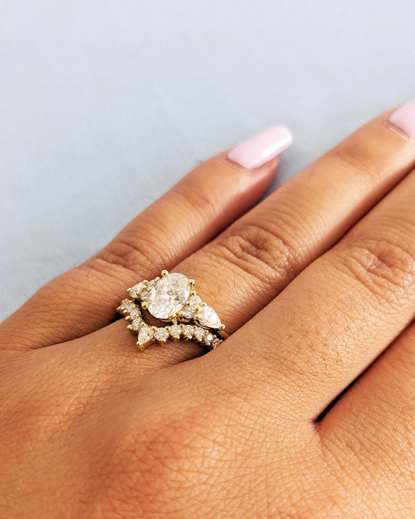 Vintage 14K Yellow Gold Oval Moissanite Engagement Ring Set, Unique Pear Shape Diamond Cluster Stacking Ring, Luxury Custom Bridal Set Women