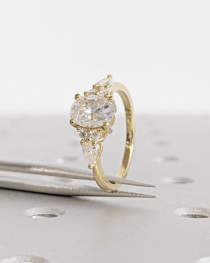 Vintage 14K Yellow Gold Oval Moissanite Engagement Ring Set, Unique Pear Shape Diamond Cluster Stacking Ring, Luxury Custom Bridal Set Women