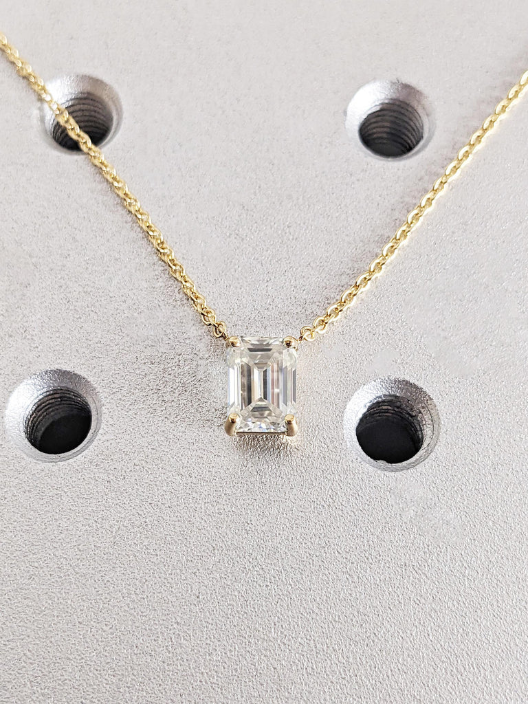 Solitaire Emerald Shaped Lab Diamond Necklace, 18K Solid Yellow Gold Lab Grown Diamond Pendant, Dainty Gold Chain, Christmas Gift for Her