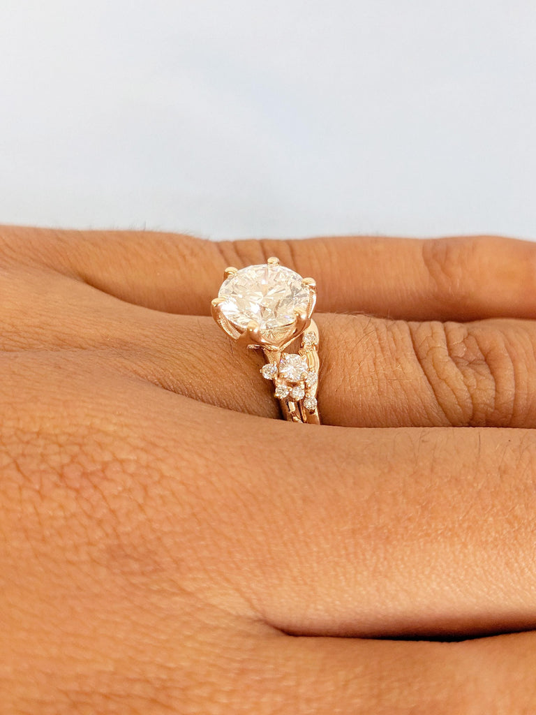 0.5-2.25ct Round Cut Lab Grown Diamond Engagement Ring Set, 14K Solid Gold Wedding Ring Set, Rose Gold Snowdrift Diamond Cluster Bridal Set