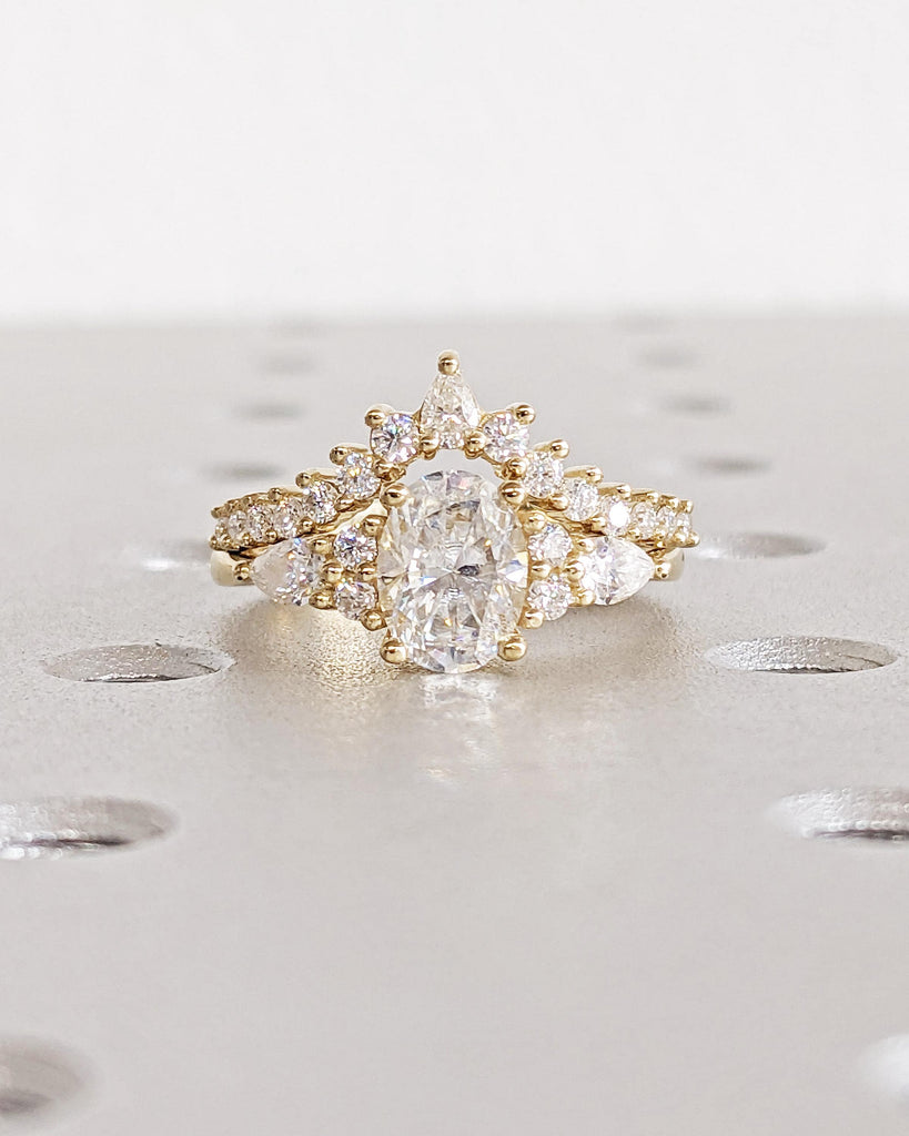 Antique Style Vintage Bridal Wedding Ring Set: Oval Moissanite Ring with Diamond Accents, Chevron Diamond Cluster Band, 14K Yellow Gold