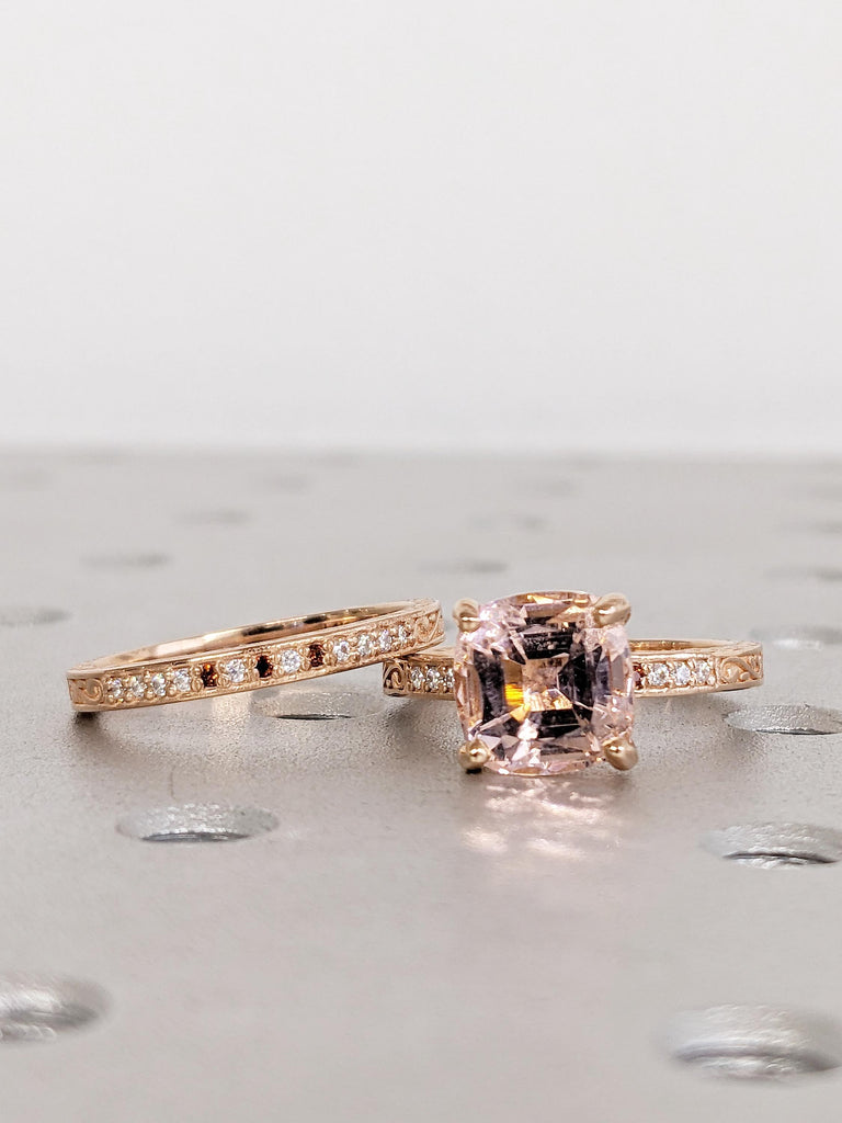 Lab Morganite Engagement Ring Set, 18k/14k Rose Gold Cushion Cut Ring, Bridal Set Filigree Ring, Diamond, Garnet, Peachy Pink Morganite Ring