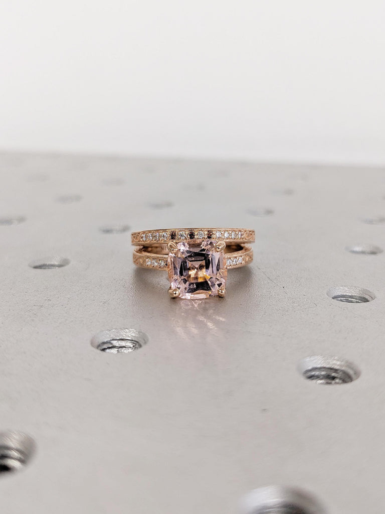 Lab Morganite Engagement Ring Set, 18k/14k Rose Gold Cushion Cut Ring, Bridal Set Filigree Ring, Diamond, Garnet, Peachy Pink Morganite Ring