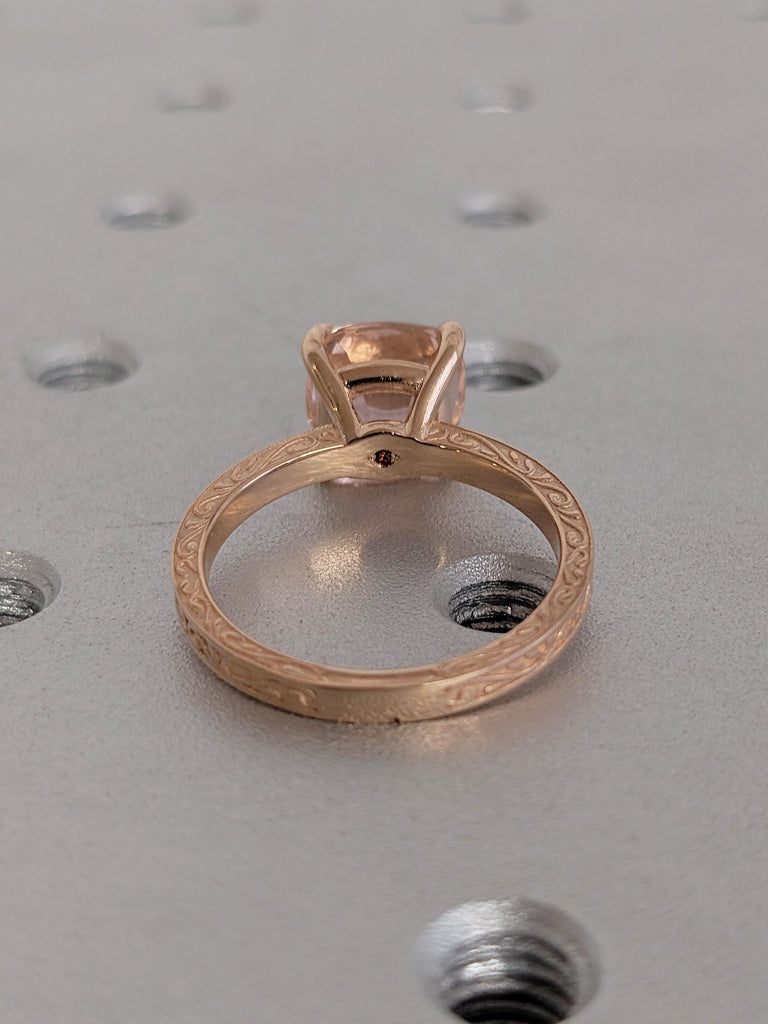 Cushion Cut Lab Morganite Engagement Ring, Filigree 14k Rose Gold Moissanite, Garnet, Bridal Set Ring