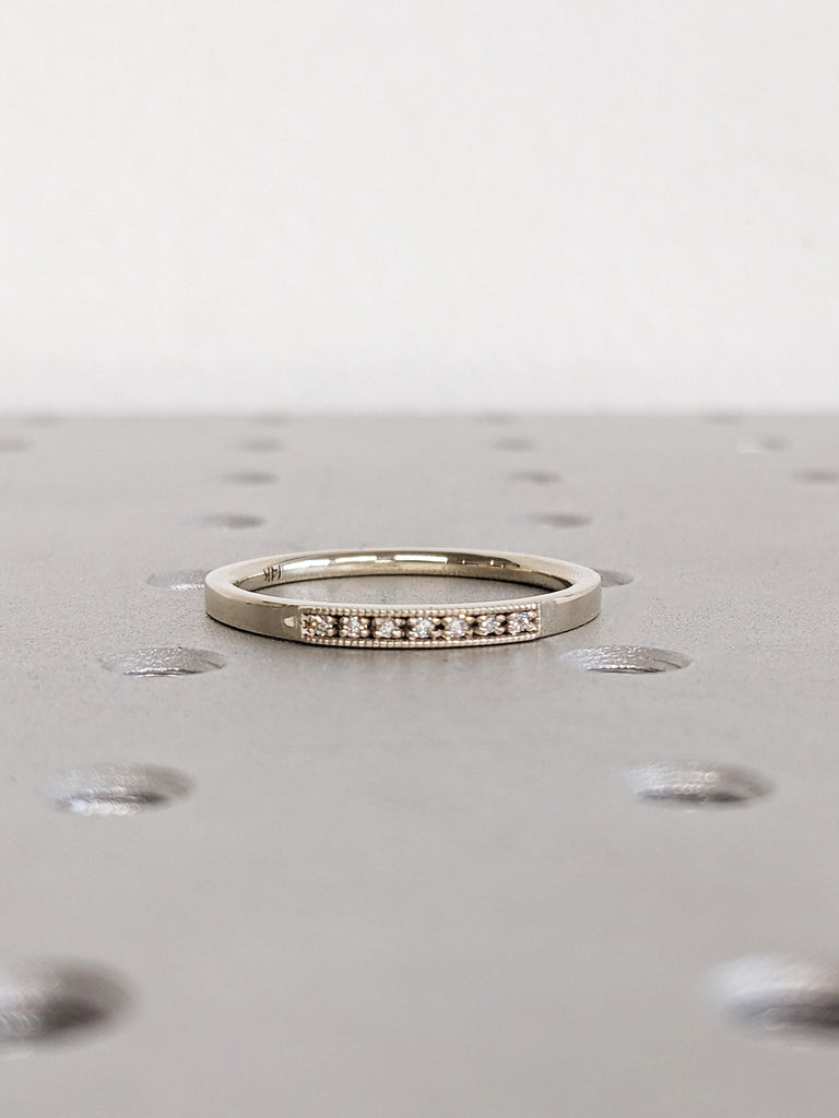 Dainty Round Cut Diamond Ring, 14K Solid White Gold Milgrain Band, White Pave Diamond Stacking Ring, Custom Ring, Anniversary Gift For Her