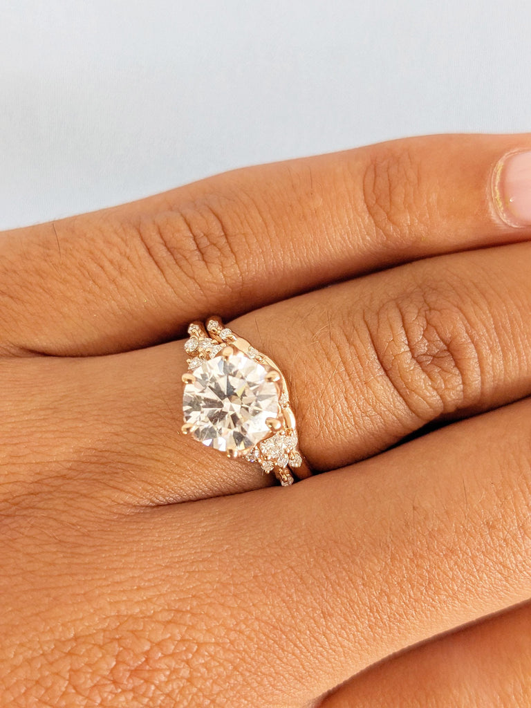 14K Gold Round Lab Grown Diamond Bridal Set, Rose Gold Engagement Ring Set With Moissanite Matching Ring, Diamond Cluster Wedding Ring Set