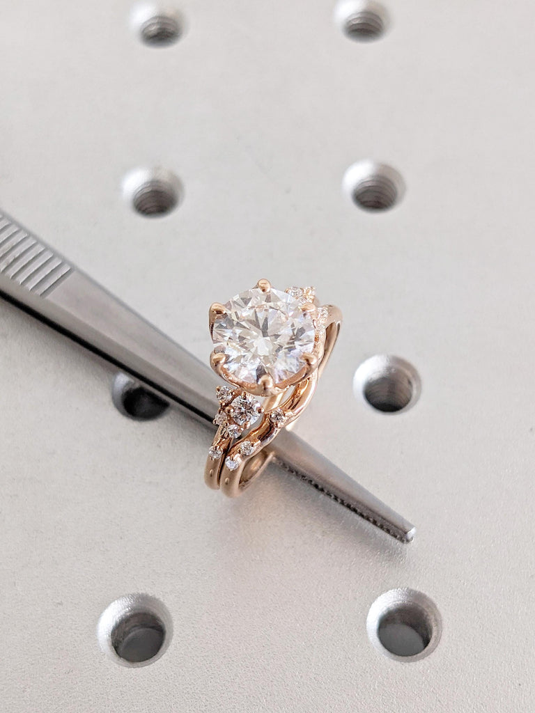 14K Gold Round Lab Grown Diamond Bridal Set, Rose Gold Engagement Ring Set With Moissanite Matching Ring, Diamond Cluster Wedding Ring Set