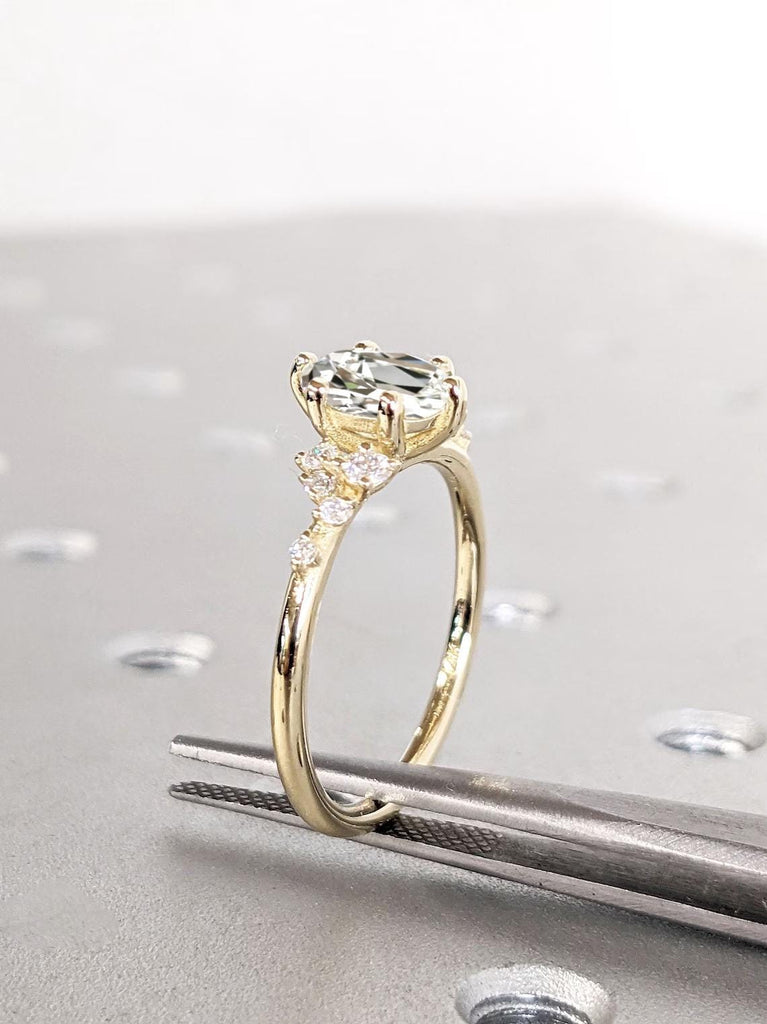 Long Cushion cut CVD Diamond Engagement Ring: Solid Gold, Old Mine-cut Certified Diamond