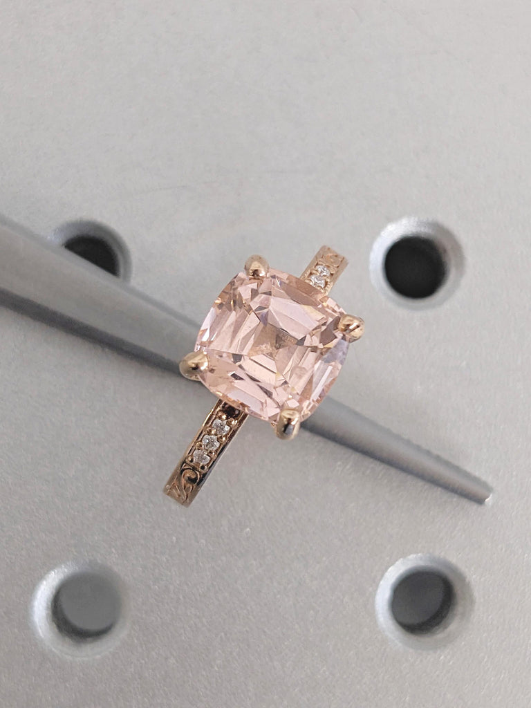 Cushion Cut Morganite Ring, 14k Rose Gold Engagement Ring, Diamond and Garnet Ring