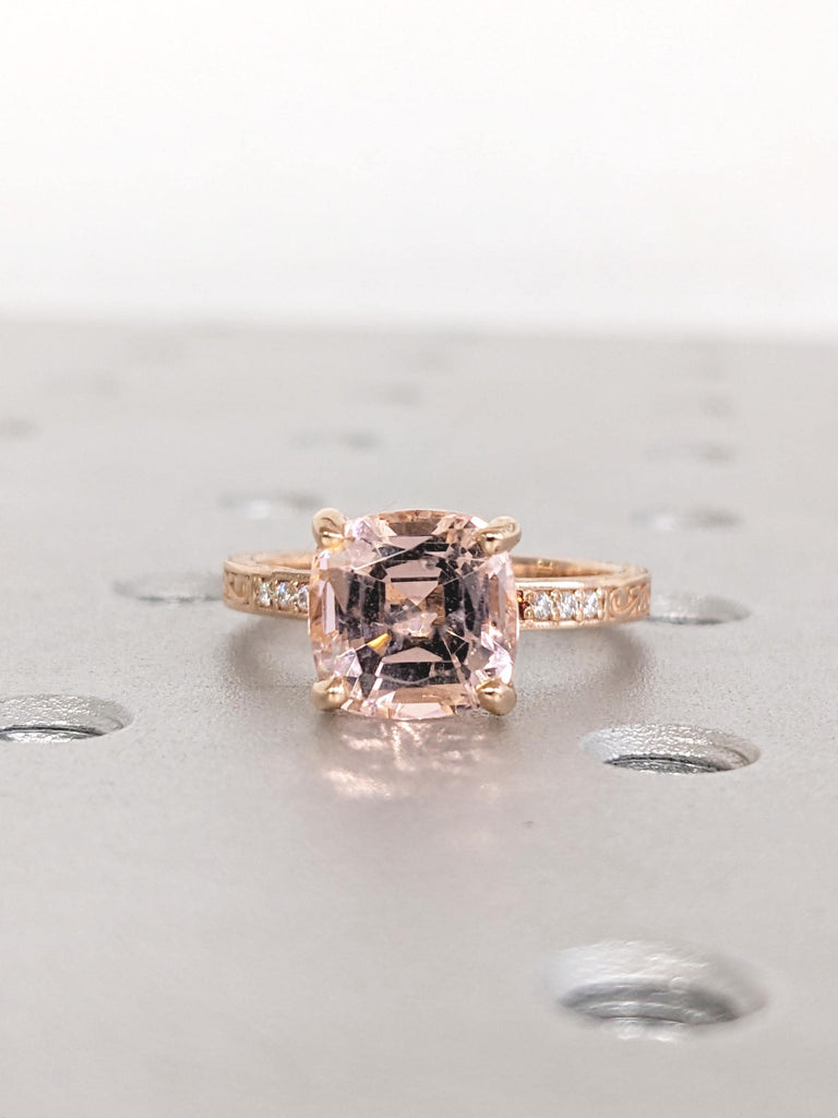Cushion Cut Ring, Filigree Engagement Ring, Diamond, Garnet, Peach Morganite Ring, 14k Rose Gold Ring