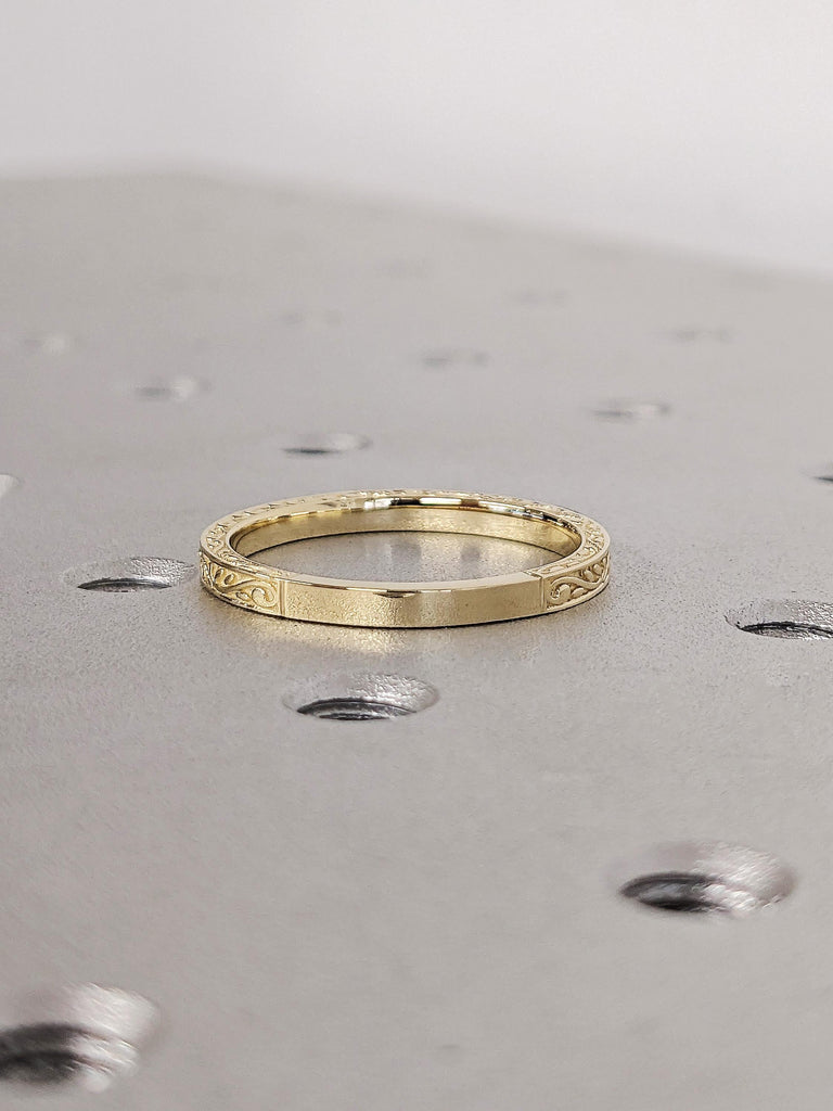 14K Solid Yellow Gold Floral Engraved Matching Ring, Thin Round White Diamond Pavé Wedding Band, Custom Filigree Stacking Ring