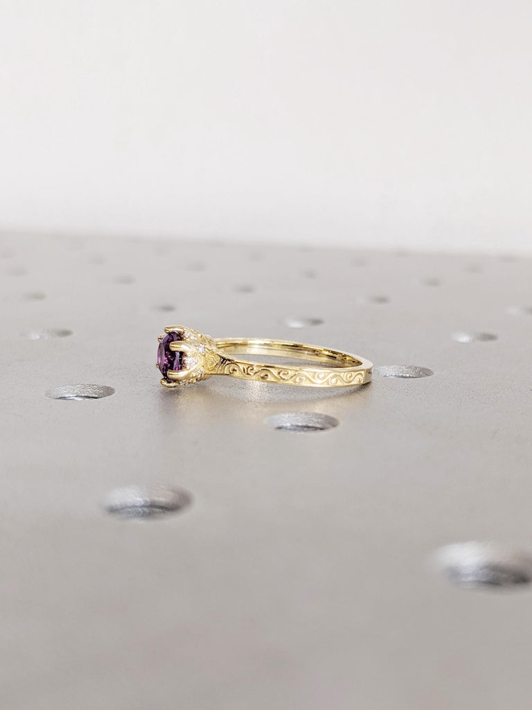Round Cut Alexandrite Ring, 14K Yellow Gold, Vintage Filigree Hidden Halo Birthstone Ring