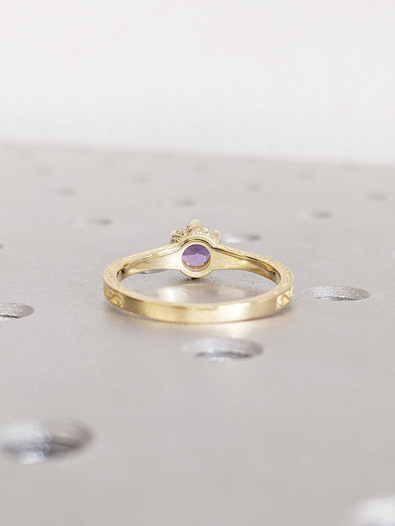 Round Cut Alexandrite Ring | 14K Yellow Gold Solitaire Engagement Ring | Vintage Filigree Hidden Halo Diamond Ring | June Birthstone Ring