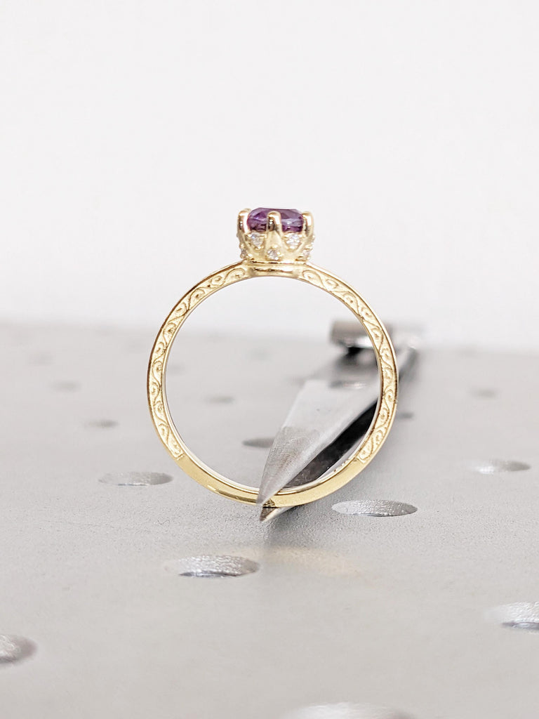 Round Cut Alexandrite Ring | 14K Yellow Gold Solitaire Engagement Ring | Vintage Filigree Hidden Halo Diamond Ring | June Birthstone Ring