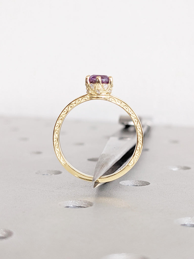 Round Cut Alexandrite Ring, 14K Yellow Gold, Vintage Filigree Hidden Halo Birthstone Ring