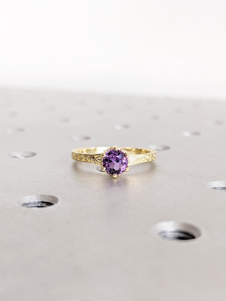 Round Cut Alexandrite Ring | 14K Yellow Gold Solitaire Engagement Ring | Vintage Filigree Hidden Halo Diamond Ring | June Birthstone Ring