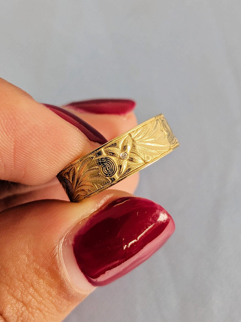 14K Gold Diamond Floral Leaf Wedding Band, Dainty Gold Diamond Men’s Engagement Ring, Vintage Flower Anniversary Ring, Unisex Wedding Band