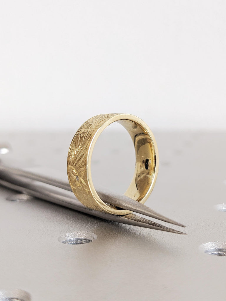 Gold Diamond Men's Engagement Ring, Vintage 6MM Floral Leaf Wedding Band, 14K Solid Yellow Gold Unisex Ring