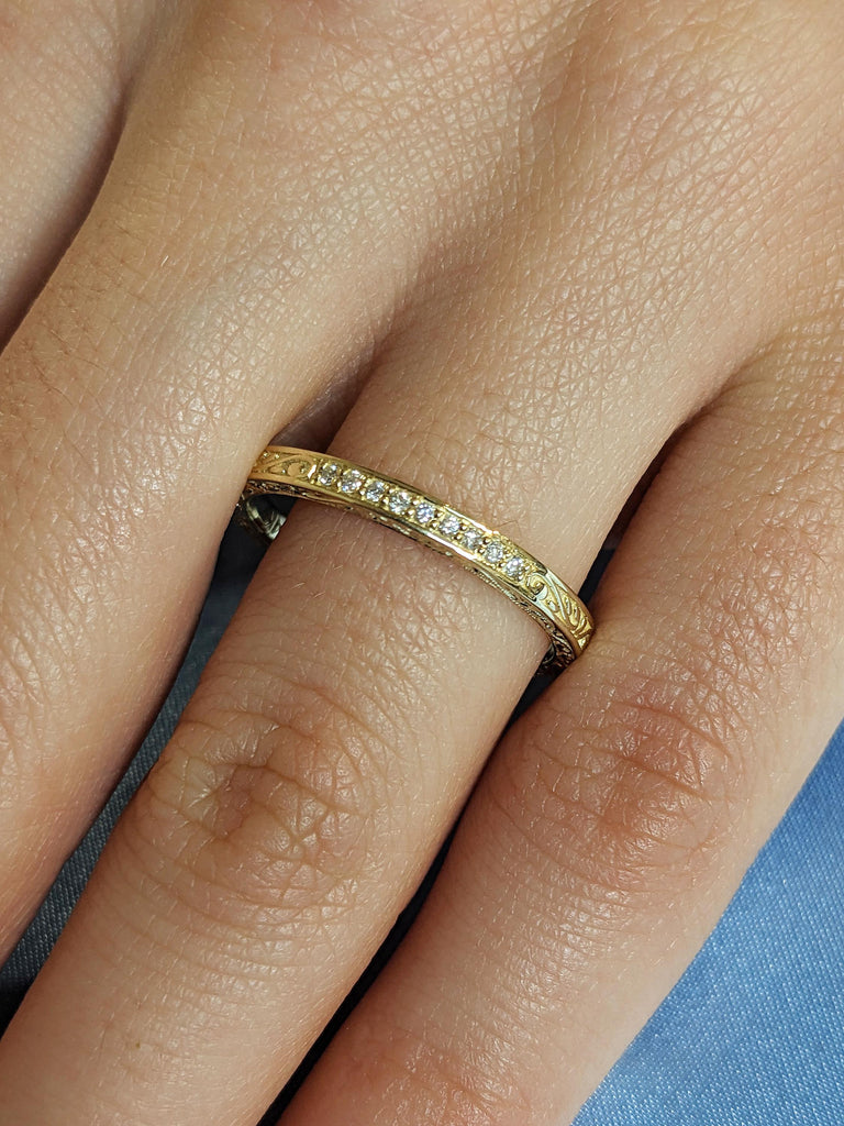 14K Solid Yellow Gold Floral Engraved Matching Ring, Thin Round White Diamond Pavé Wedding Band, Custom Filigree Stacking Ring