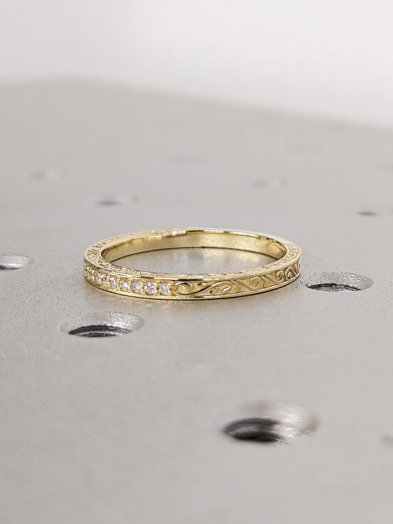 14K Solid Yellow Gold Floral Engraved Matching Ring, Thin Round White Diamond Pavé Wedding Band, Custom Filigree Stacking Ring