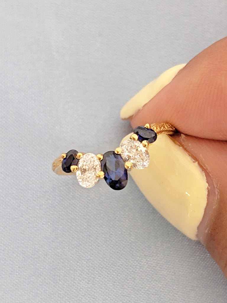 Sapphire Wedding Bands | Blue Sapphire Matching Ring | 18K Yellow Gold Ring | Oval Cut Lab Sapphire and Diamond Ring | Sapphire Jewelry Gift