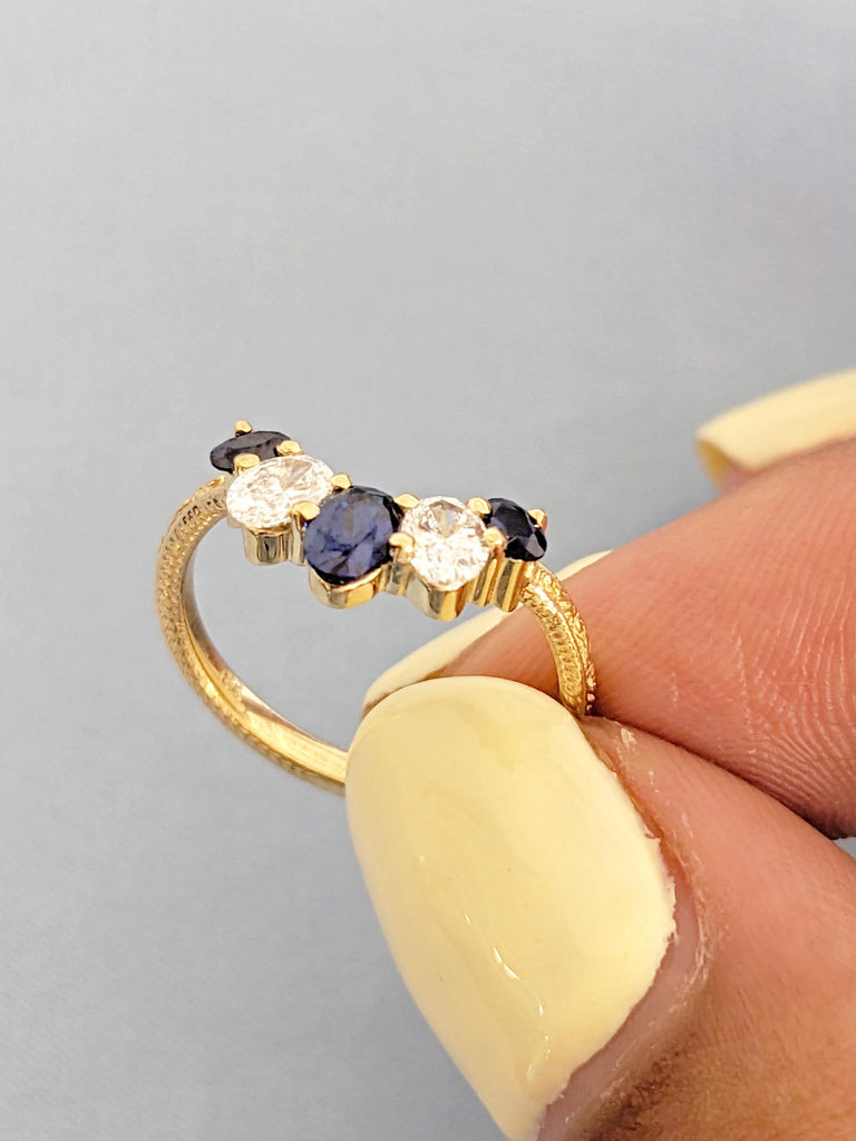 Sapphire Wedding Bands | Blue Sapphire Matching Ring | 18K Yellow Gold Ring | Oval Cut Lab Sapphire and Diamond Ring | Sapphire Jewelry Gift