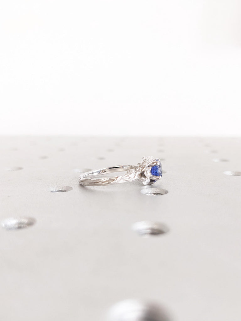 Round Sapphire Engagement Ring, Cornflower Blue Sapphire Ring, Natural Sapphire & Diamond Ring, 14K White Gold Leaf Ring, Birthstone Jewelry