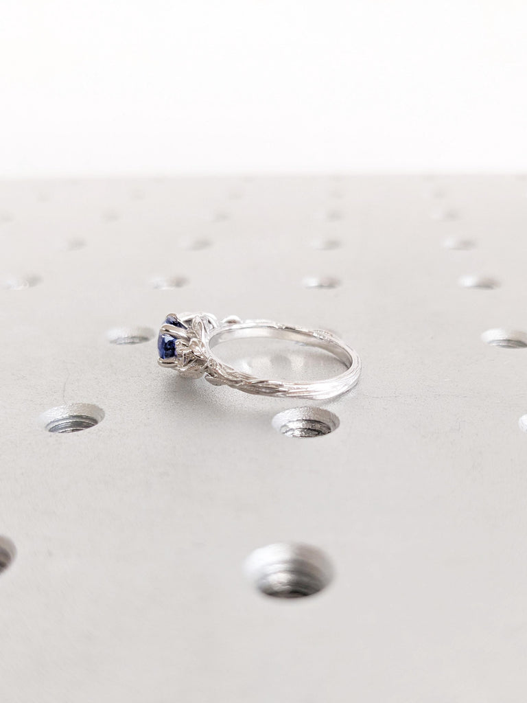 Natural Cornflower Blue Sapphire Engagement Ring, Round Diamond and Natural Sapphire Ring, 14K White Gold Leaf Ring