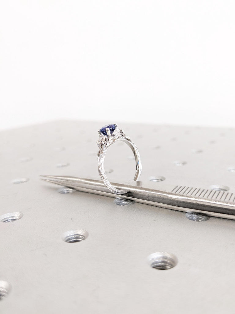 Natural Cornflower Blue Sapphire Engagement Ring, Round Diamond and Natural Sapphire Ring, 14K White Gold Leaf Ring