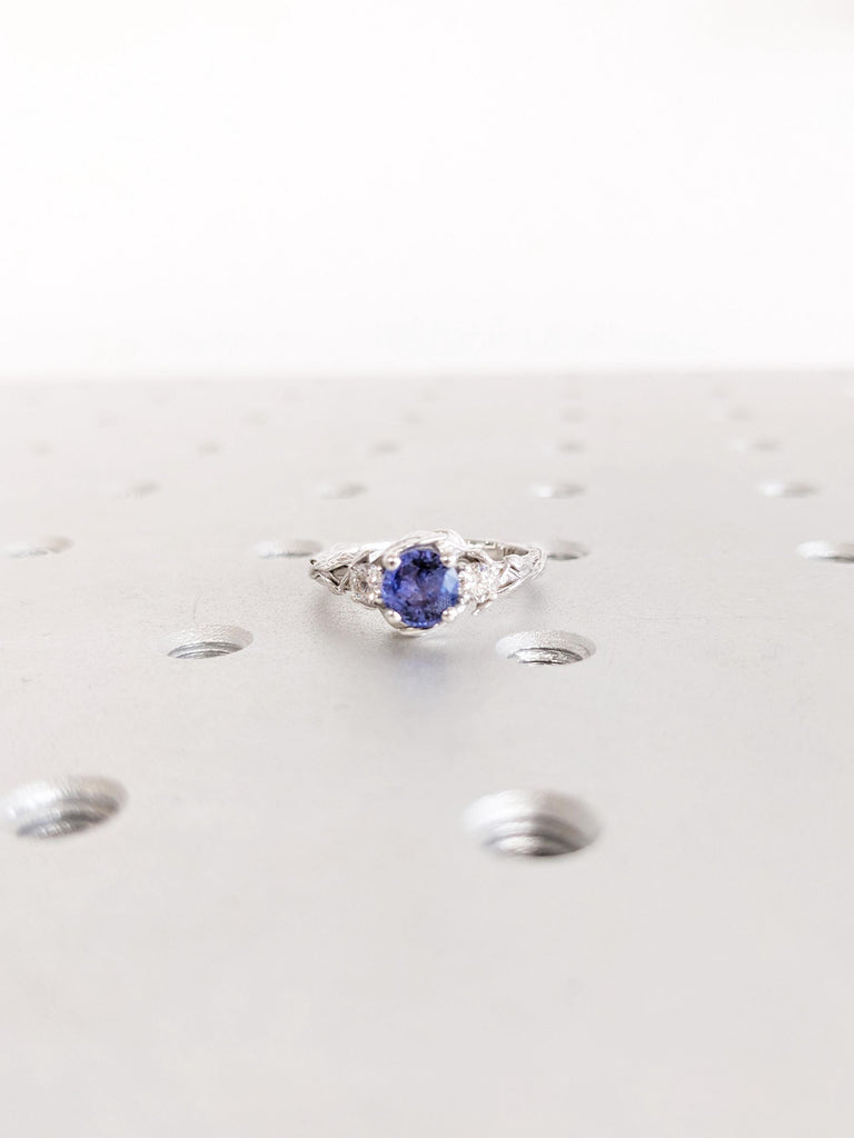 Natural Cornflower Blue Sapphire Engagement Ring, Round Diamond and Natural Sapphire Ring, 14K White Gold Leaf Ring