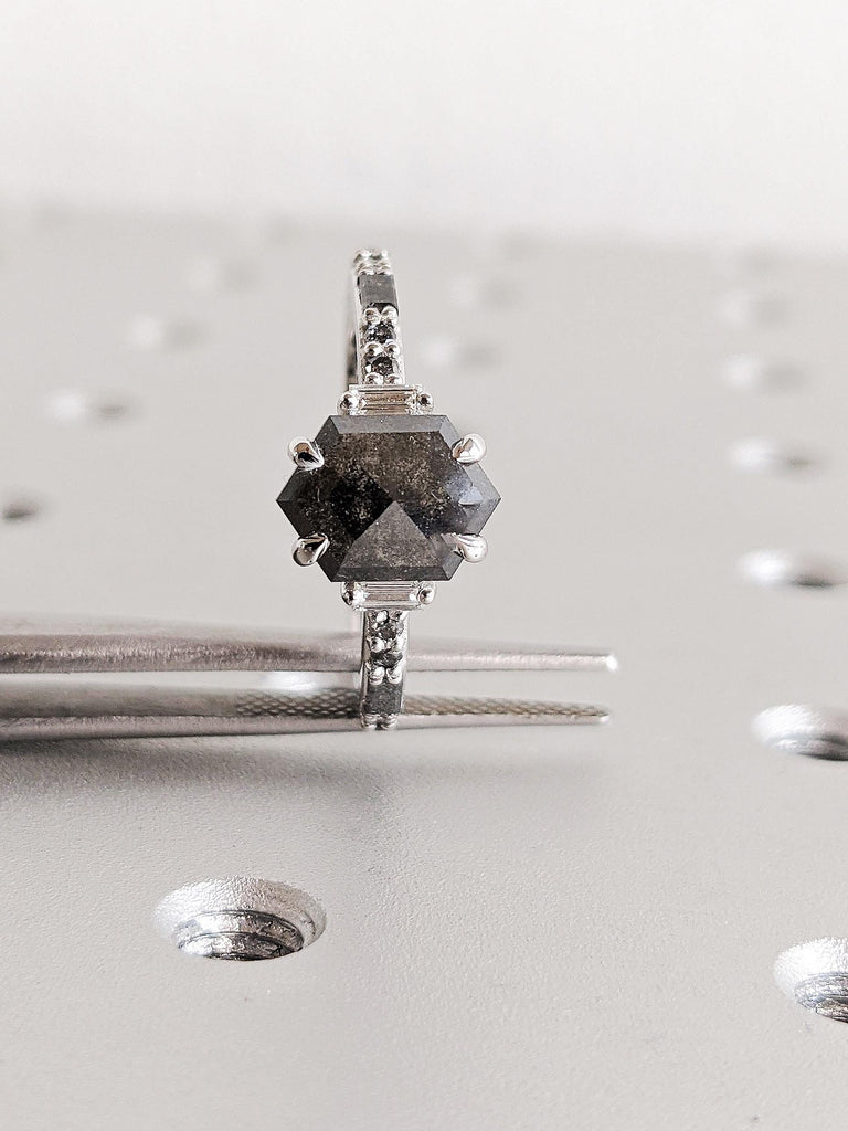 Unique 14K White Gold Hexagon Cut Salt and Pepper Diamond Engagement Ring, Round Baguette Diamond Wedding Band