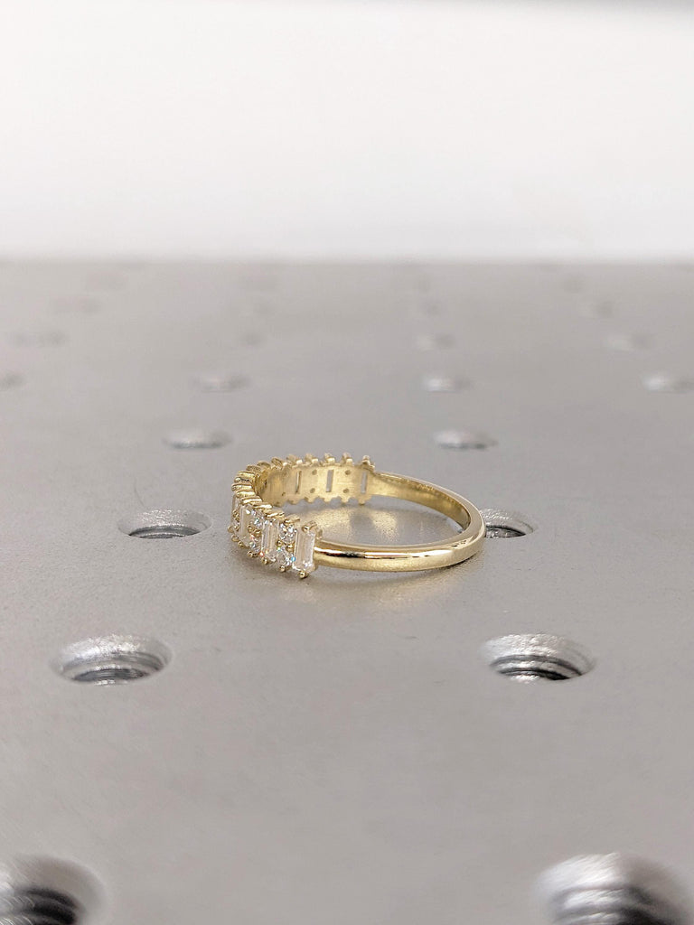 14K Yellow Gold Diamond Wedding Band, Baguette and Round Half Eternity Diamond Engagement Ring, Unique Stacking Ring For Her, Matching Rings