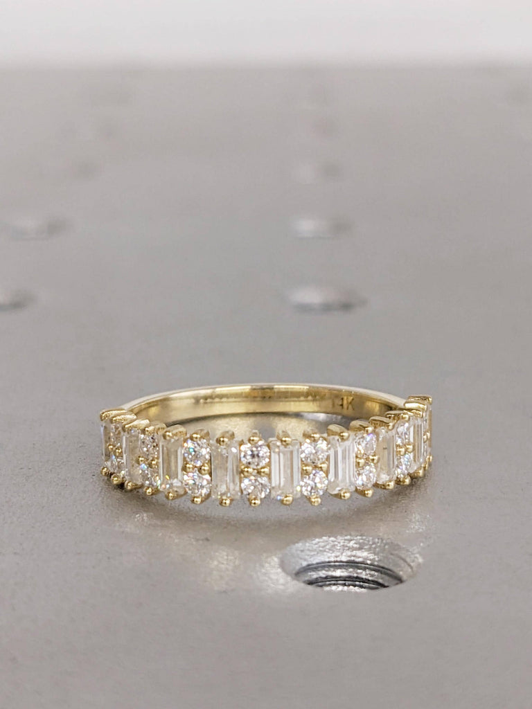 14K Yellow Gold Diamond Wedding Band, Baguette and Round Half Eternity Diamond Engagement Ring, Unique Stacking Ring For Her, Matching Rings