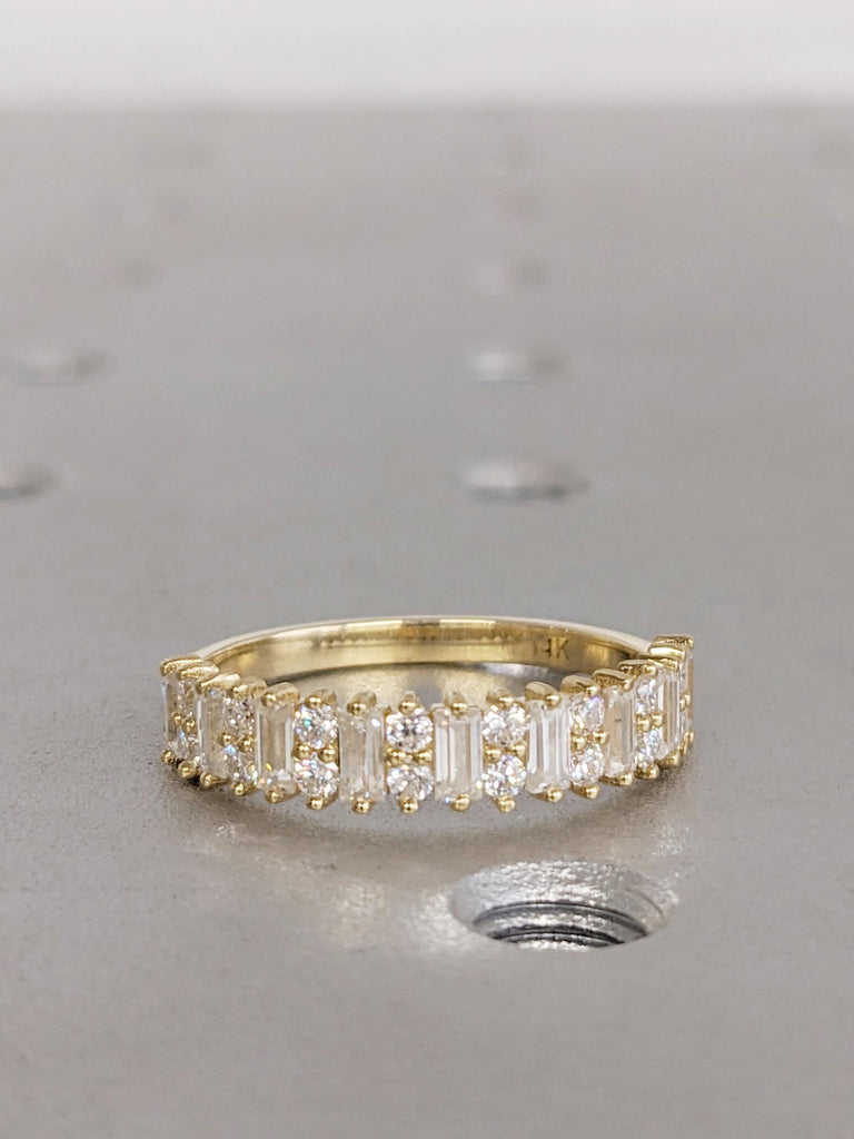 14K Yellow Gold Diamond Wedding Band, Baguette and Round Cut Matching Ring, Stackable Ring