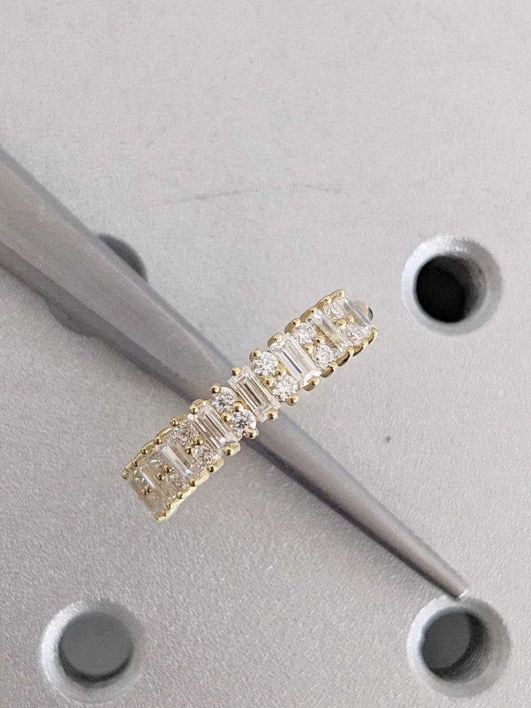 14K Yellow Gold Diamond Wedding Band, Baguette and Round Half Eternity Diamond Engagement Ring, Unique Stacking Ring For Her, Matching Rings