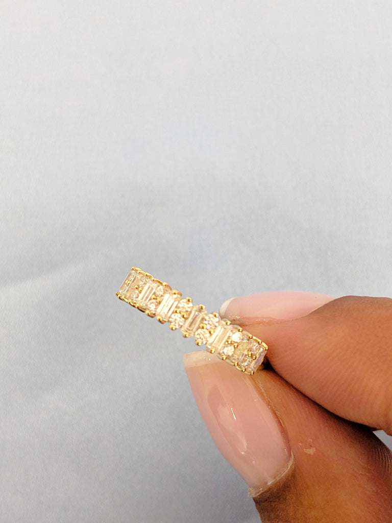 14K Yellow Gold Diamond Wedding Band, Baguette and Round Cut Matching Ring, Stackable Ring