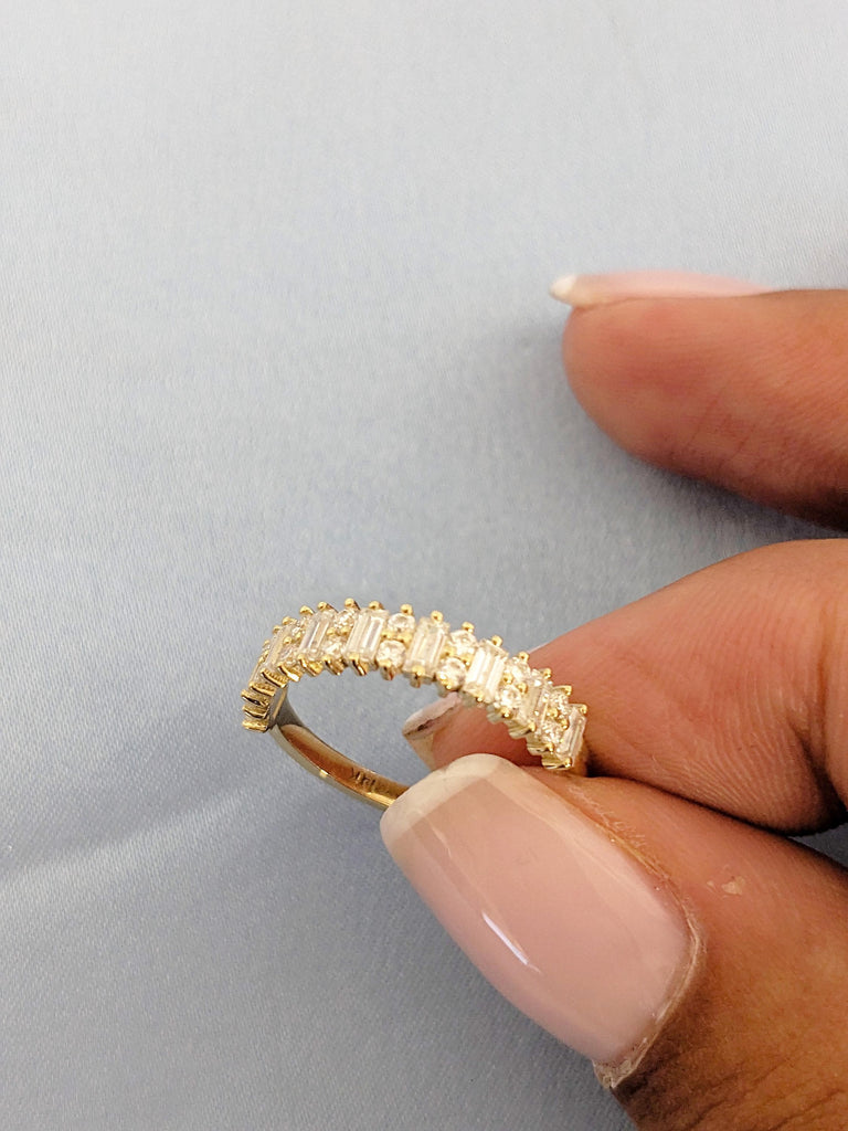 14K Yellow Gold Diamond Wedding Band, Baguette and Round Half Eternity Diamond Engagement Ring, Unique Stacking Ring For Her, Matching Rings