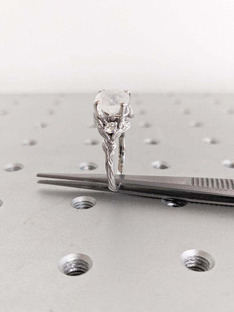 2.2ct Moonstone Engagement Ring, 14K White Gold Round Cut Moonstone Ring, Nature Inspired Diamond Leaf Ring, Wedding Ring, Ring Gift For Her