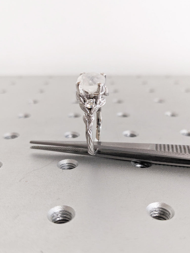 2.2ct Round Moonstone Engagement Ring, 14K White Gold Ring, Nature Inspired Moonstone Leaf Ring