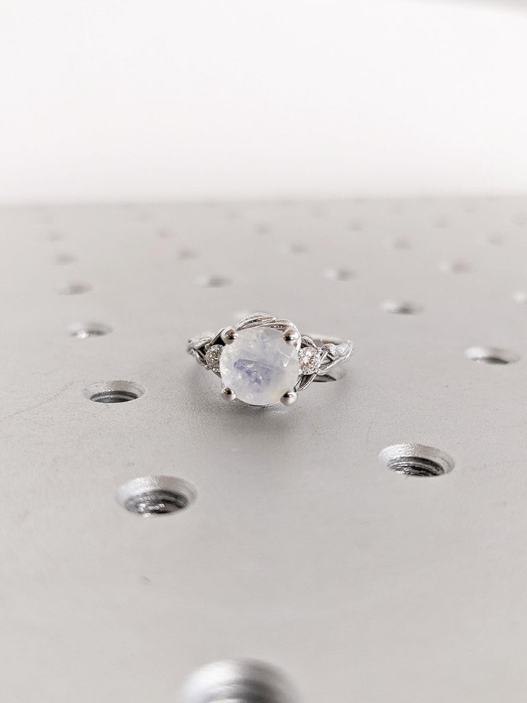 2.2ct Moonstone Engagement Ring, 14K White Gold Round Cut Moonstone Ring, Nature Inspired Diamond Leaf Ring, Wedding Ring, Ring Gift For Her