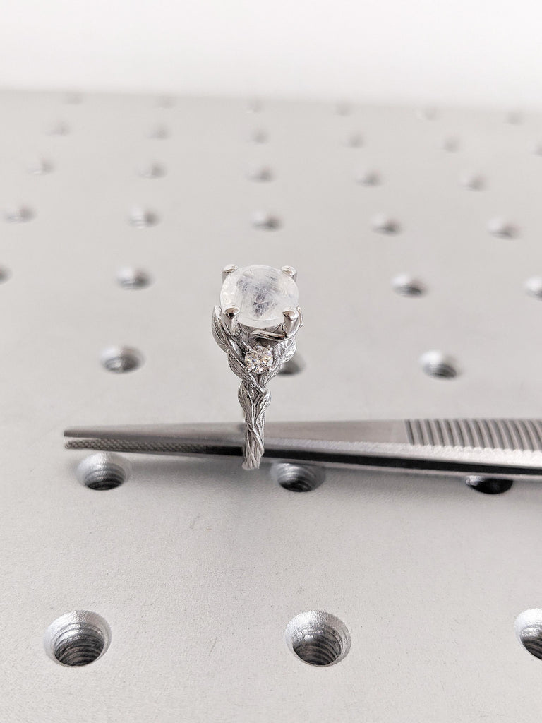 2.2ct Round Moonstone Engagement Ring, 14K White Gold Ring, Nature Inspired Moonstone Leaf Ring