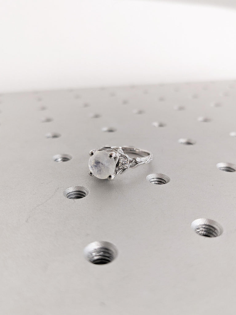 2.2ct Round Moonstone Engagement Ring, 14K White Gold Ring, Nature Inspired Moonstone Leaf Ring