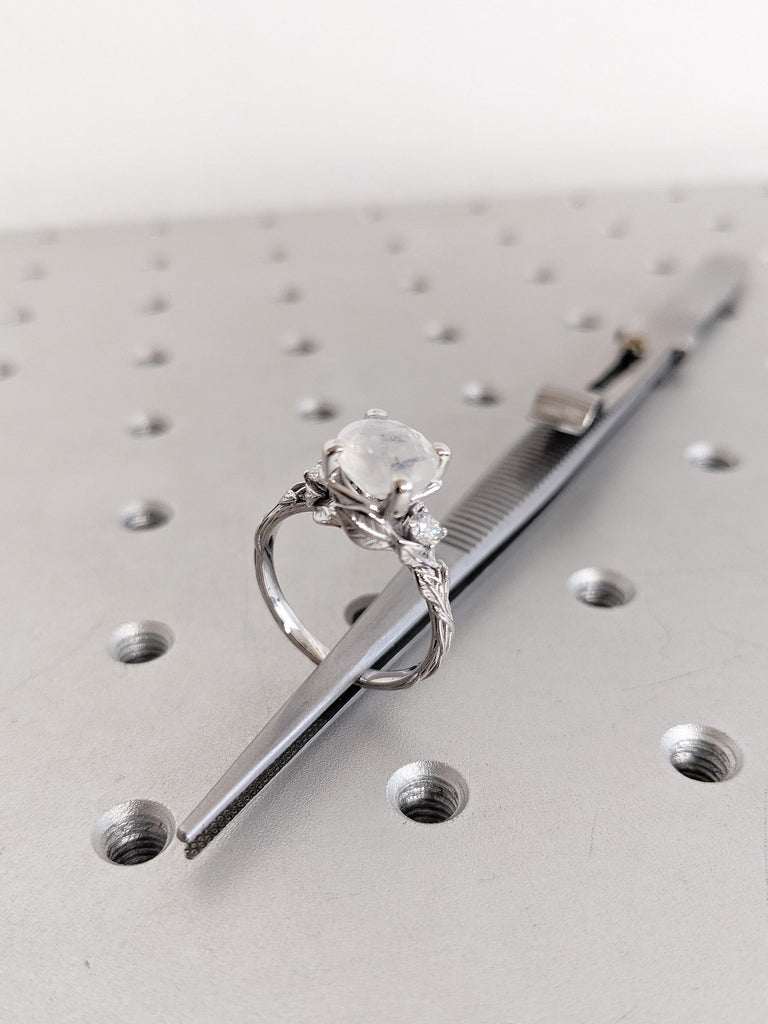 2.2ct Moonstone Engagement Ring, 14K White Gold Round Cut Moonstone Ring, Nature Inspired Diamond Leaf Ring, Wedding Ring, Ring Gift For Her