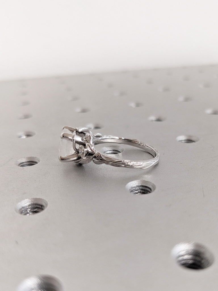 2.2ct Moonstone Engagement Ring, 14K White Gold Round Cut Moonstone Ring, Nature Inspired Diamond Leaf Ring, Wedding Ring, Ring Gift For Her